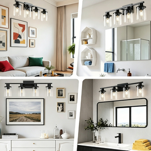 Lámpara de <span class=keywords><strong>Espejo</strong></span> de <span class=keywords><strong>Baño</strong></span> Negra de 4 Luces, Lámparas LED para <span class=keywords><strong>Espejo</strong></span>, <span class=keywords><strong>Luz</strong></span> de Vanidad con Pantallas Cilíndricas de Cristal Transparente, Aplique de Pared - Product Image 6