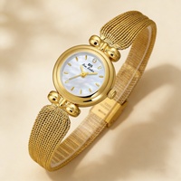 Montre pour femme en maille dorée, petit boîtier rond, cadran perlé, élégante montre-bracelet à quartz analogique, décor nœud, montre décontractée pour femme, cadeau