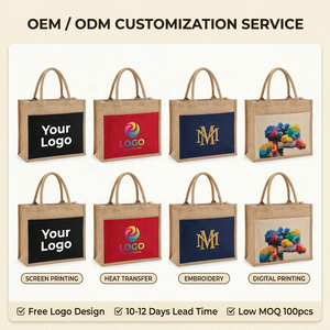 Gepersonaliseerde ecovriendelijke, op maat gecoate jute opvouwbare tassen met lange hengsels en zak voor herbruikbare reclame - Product Image 2