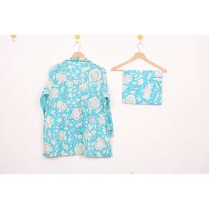 Beautiful Printed Blue Floral Cotton Pajama Set - Handmade Block Print Sleepwear For Women's Nightwear Wholesale Price - Product Image 5