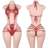Combinaison rouge à sequins et lacets, style halter, tenue de danse exotique, dos nu, lingerie de scène pour boîte de nuit
