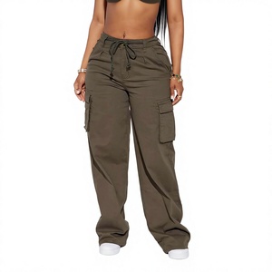 Pantalones Cargo de Color Sólido para Mujer, Cintura Media, Corte Holgado, Cierre con Cordón, Estilo Casual, Pantalones Largos de Algodón - Product Image 1