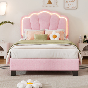 Modern Twin Size Upholstered Flower-Shape <b>Bed</b> with <b>LED</b> Light Strip Solid Wood Platform <b>Bed</b> and Wooden Slats Support - Product Image 1