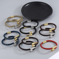Bracelet Manchette en Cuir de Vache Tressé, Bijoux Fantaisie en Acier Inoxydable avec Fermoir Magnétique à Vis, pour Hommes et Femmes