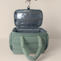 Sac de maquillage de voyage gonflé de couleur macaron avec logo personnalisé en gros, organisateur de cosmétiques imperméable avec porte-pinceaux pour femmes
