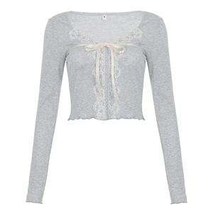 Women's Solid V-Neck Lace Bow Knit <b>Top</b> Cropped Long Sleeve Tee with Slim Fit Sweet Sexy <b>Y2K</b> Casual Pullover (Spandex/Polyester) - Product Image 6