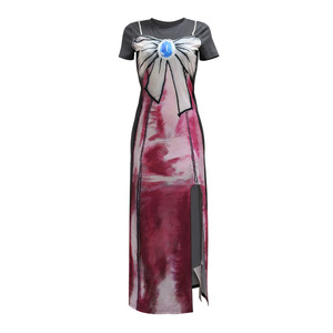 Robe moulante décontractée à col rond imprimé et manches courtes, fendue sur le côté, idéale pour le quotidien, pour femme - Meilleure vente - Product Image 5