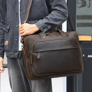 Vintage Retro Style Genuine Leather Computer Bag For Men Cow Hide Brief Case 100% Pure Leather Briefcase