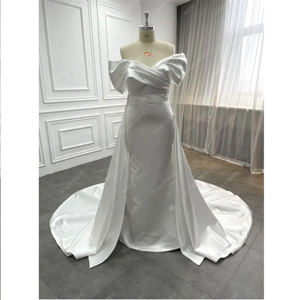 Women Off Shoulder Removable Overskirt 2 Piece Satin Wholesale Custom Wedding Dress