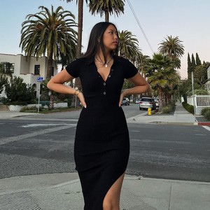 High Quality Turn-down Collar Bodycon <strong>Dress</strong> Button Short Sleeve <strong>Custom</strong> Ribbed Knitted Casual <strong>Dresses</strong> With High Slit - Product Image 6