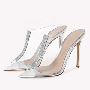 Sandales d'été à talons aiguilles en PVC pour femme, grande taille 46, à bout ouvert, avec strass, mules habillées - Product Image 2