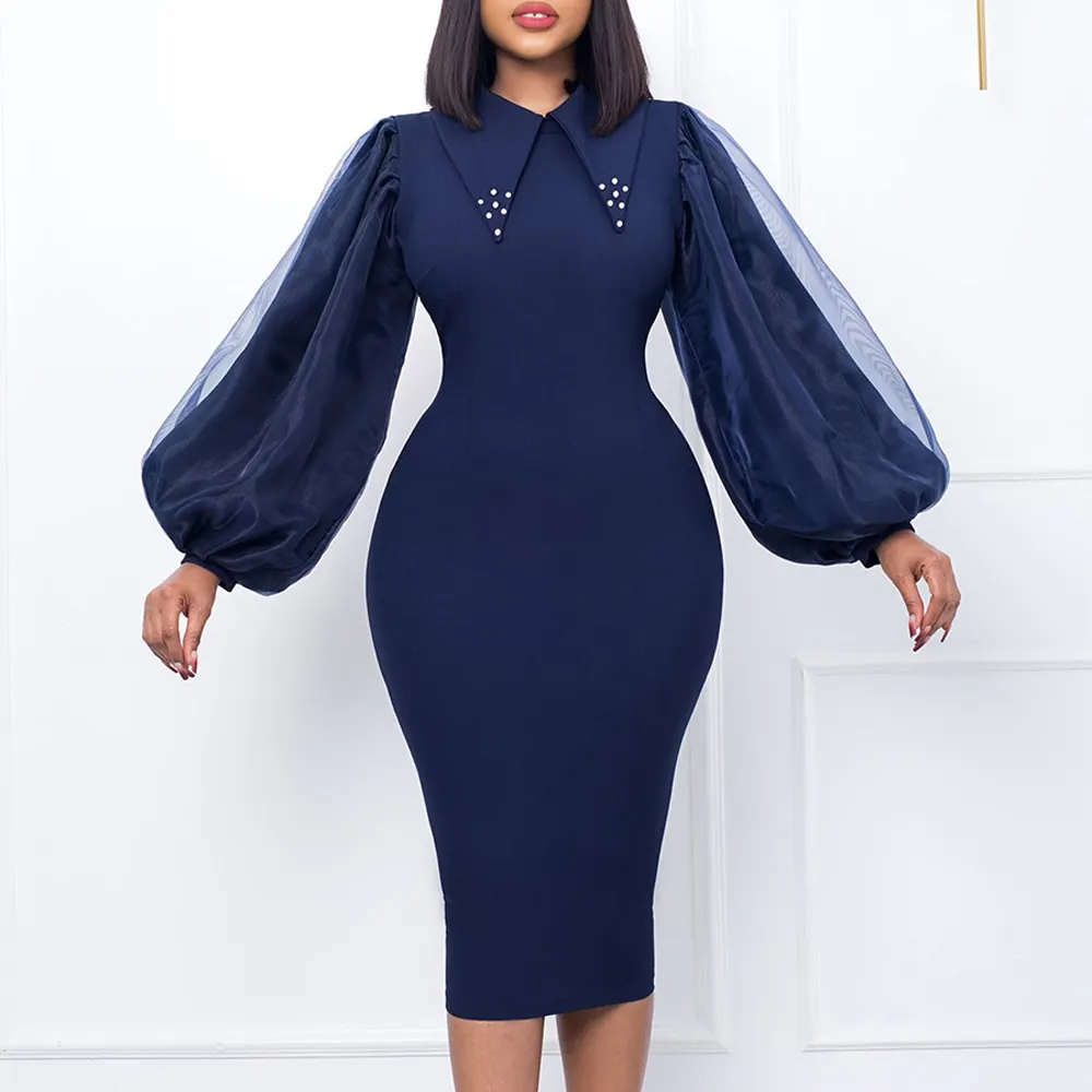 African Women Pencil Dresses 2022 Elegant Casual Lady Long Sleeve Beaded Notched Knee Length Formal Wear Dinner Dress