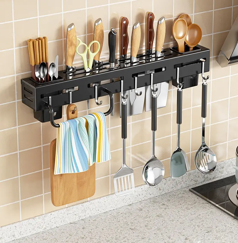 Fábrica al por mayor organizador de almacenamiento montado en la pared cuchillo de cocina cuchara utensilios soporte estante con colgador de toallas