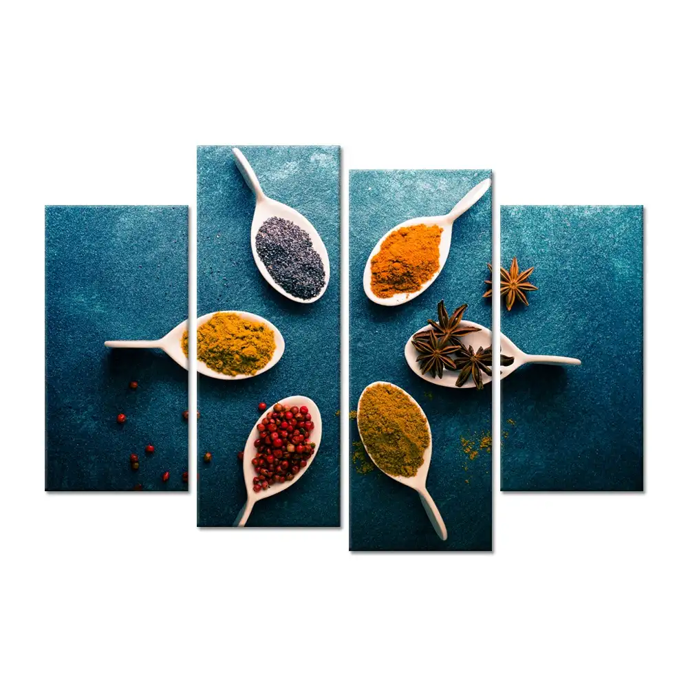 4 Pieces Kitchen Pictures Wall Decor Six Colorful Spoon of Spices on Vintage Blue Background Food Photo Painting for Dining Room