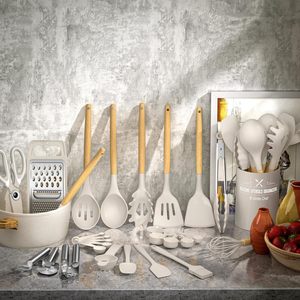 Juego de utensilios de cocina de silicona Umite Chef Khaki, 34 piezas, espátula con mango de madera resistente al calor, rallador, juego de utensilios de cocina antiadherentes - Product Image 3