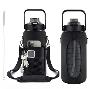 Hot sale product half gallon 64oz / 2L water bottle with sleeve insulated with carry strap and cellphone holder