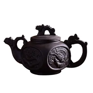 400毫升紫砂壶双面龙凤壶茶壶，手工宜兴紫砂茶壶功夫茶具