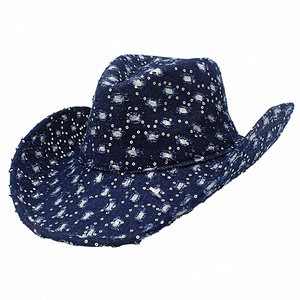 European American Style Vintage <b>Western</b> Cowboy <b>Hat</b> Glitter Fashionable Denim Distressed Casual Jazz Top Curved Brim Unisex Four - Product Image 3