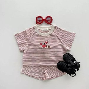 Conjunto de ropa para bebé, novedad de verano 2022, ropa de 2 uds para niña, camiseta de manga corta + traje corto de algodón a rayas para niño - Product Image 2