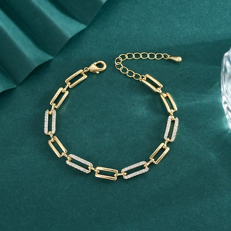 Custom Fine Fashion Jewelry Bracelet Brass Plated 18k Gold Inlaid Zircon Chunky Paper Clip Bracelet for Women and Men