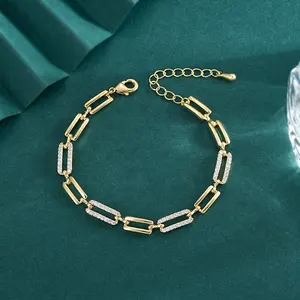 Bracelet de bijoux fantaisie fins personnalisé plaqué laiton or 18 ct incrusté de zircon gros bracelet de trombone pour femmes et hommes