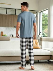 2024 Neues Pyjama-<span class=keywords><strong>Set</strong></span> für Männer Blue Plaid Kurzarm-<span class=keywords><strong>Set</strong></span> Komfortable Sommerschlaf-Kleidung Farbkontrast Home Wear - Product Image 2