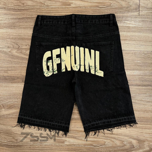 Stile estivo personalizzato di alta qualità Shorts in Denim con diamanti da uomo Vintage Casual Hip Hop larghi lavati con orlo grezzo e strass - Product Image 3