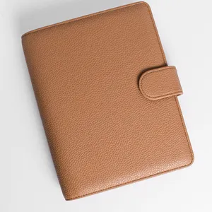 Custom Tan Brown Refillable 6-Ring Pebbled Pu Leather A5 Planner Agenda Binder Cover With Magnetic Closure and Pen Loop