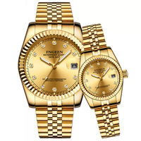 Jam Tangan Quartz Fngeen 7008 3301 Pasangan Mewah Warna Emas Pria Wanita Kalender Tanggal Casing Bulat Tahan Air untuk Kekasih