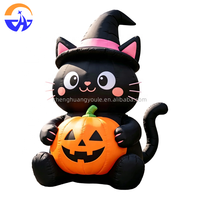Chat noir gonflable géant d'Halloween avec chapeau de sorcière et citrouille pour centre commercial, jardin, fête, décoration extérieure de vacances avec souffleur