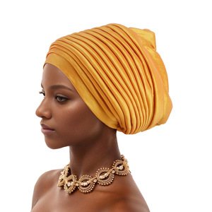 Turbante <span class=keywords><strong>de</strong></span> poliéster étnico africano para <span class=keywords><strong>mujer</strong></span>, 8 colores, sombrero indio plisado multicapa, pañuelo para la cabeza, pañuelos - Product Image 4
