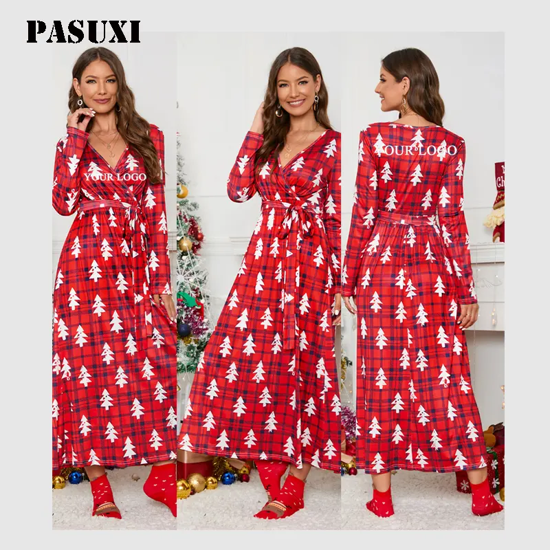 PASUXI, venta al por mayor, nueva moda para mujer, estilo navideño, estampado de alce, invierno, cuello redondo, manga larga, vestido de cintura