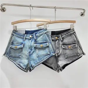 Bomblook C320PT02 2024 Designer Washed Hot Shorts Denim Patchwork Shorts For Women Jean Shorts With Zipper Both Side