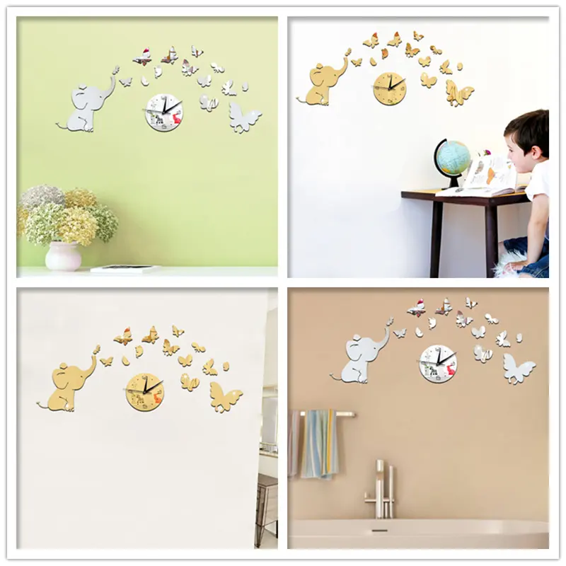 3D DIY Spiegel Aufkleber Wanduhr Kinder Elefant Schmetterling Modernes Design Kunst Riesen uhr für Kinderzimmer Schlafzimmer Home Decor