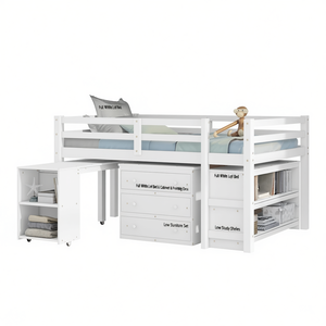 Cama alta blanca completa con gabinete, escritorio rodante y estanterías bajas para estudio, juego de muebles infantiles - Product Image 1