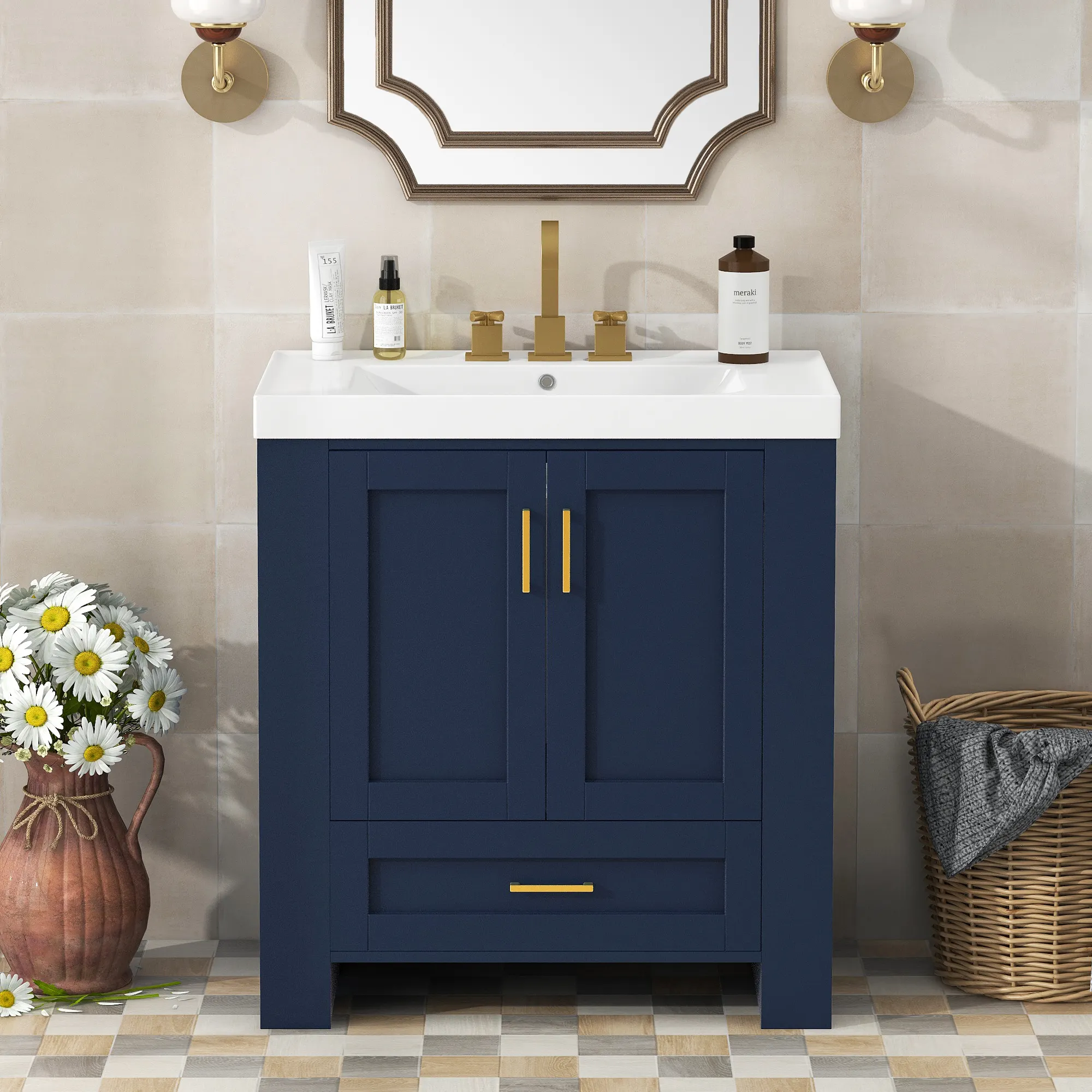30 inch Vintage style small navy blue really wooden bathroom sink cabinet 75cm bathroom vanity