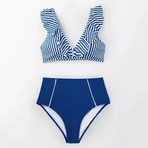 두 조각 사용자 정의 파란색과 흰색 스트라이프 수영복 도매 높은 허리 프릴 v 넥 수영복