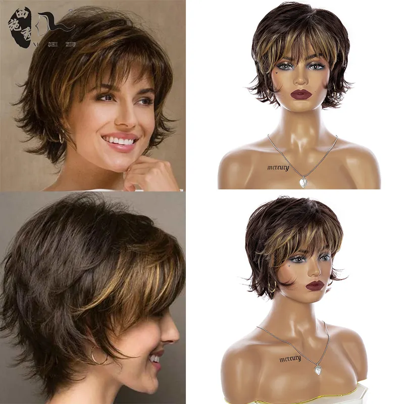 XISHIXIU HAIR 2021 Hot Selling Synthetic Wigs for White Women Pixie Cut Short Hair Wig Machine Made Short Synthetic Hair Wigs