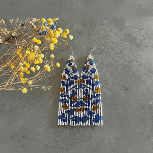 Boucles d'oreilles en perles de fleurs Boucles d'oreilles en perles de rocaille florale Boucles d'oreilles en perles franges Boucles d'oreilles en perles bleu jaune Boucles d'oreilles longues style Boho - Product Image 1