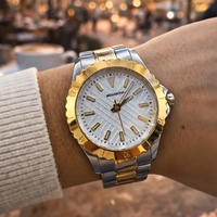 Montre de Plongée de Luxe Mosanto à Quartz pour Homme, Cadran Texturé Linéaire, Lunette Dentée, Bracelet en Acier Bicolore, Chronographe Jour/Date, Étanche 50m