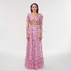 Ensemble d'été OEM pour femme : Robe tendance à imprimé floral, col en V, taille haute, jupe longue 2 pièces - Product Image 1
