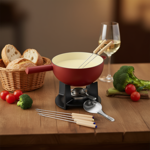 Juego de fondue de queso Belledone de 10 piezas con 6 tenedores codificados por colores, mangos de madera y protector contra salpicaduras - Product Image 3