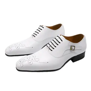 White Dress Shoes Genuine Leather Pointed Toe Paisley Formal Wedding Men Dress Shoes