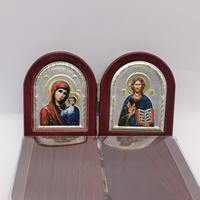 Icône orthodoxe en MDF en forme de portail, diptyque, Vierge Marie Jésus, en alliage d'aluminium doré, ornement religieux de bureau, cadeau décoratif