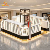 Kios Kacamata Lengkung Mewah untuk Mal, Kabinet Display Optik Kustom dengan Cermin, Display Kacamata Multi-Sisi