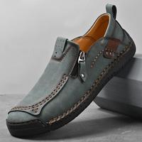Sepatu Musim Panas Pria Kasual Kulit Asli Jahitan Tangan Gaya Slip-on Ritsleting Samping Pakaian Kerja Retro Tahan Aus Warna Solid