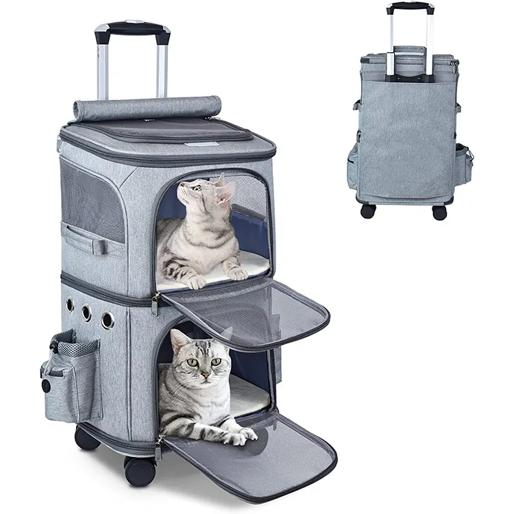 Bolsa plegable de viaje al aire libre para mascotas, bolso de gato de doble capa con ruedas universales