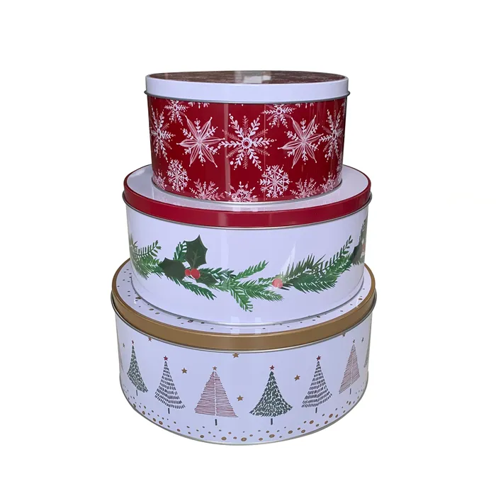 3PCS OEM Set Round Christmas Tin For Gift Set Cake Cookies Biscuit Candy Toy Packaging Food Grade Round Cookies tin box