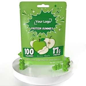 Private Label 17g Isolat de protéine de lactosérum alimentée par les muscles Gommes à haute teneur en protéines de pomme verte pour faibles calories sans édulcorants artificiels - Product Image 1