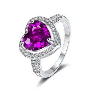 Cheap 925 Sterling Silver Heart Shaped Amethyst Diamond Ring Love Couple Proposal Ring